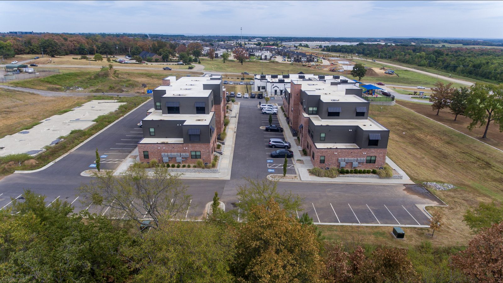 Aerial view of a commercial development built by the Covenant team in the Arkansas River Valley