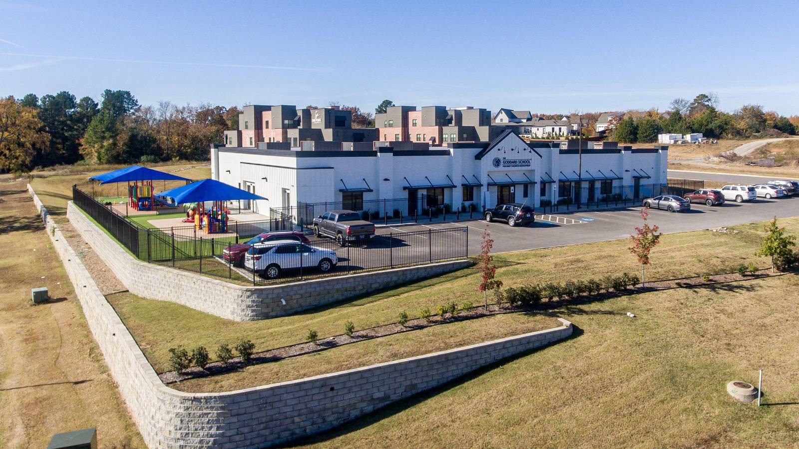 Aerial view of The Goddard School in Fort Smith, Arkansas, built by Covenant Commercial Construction