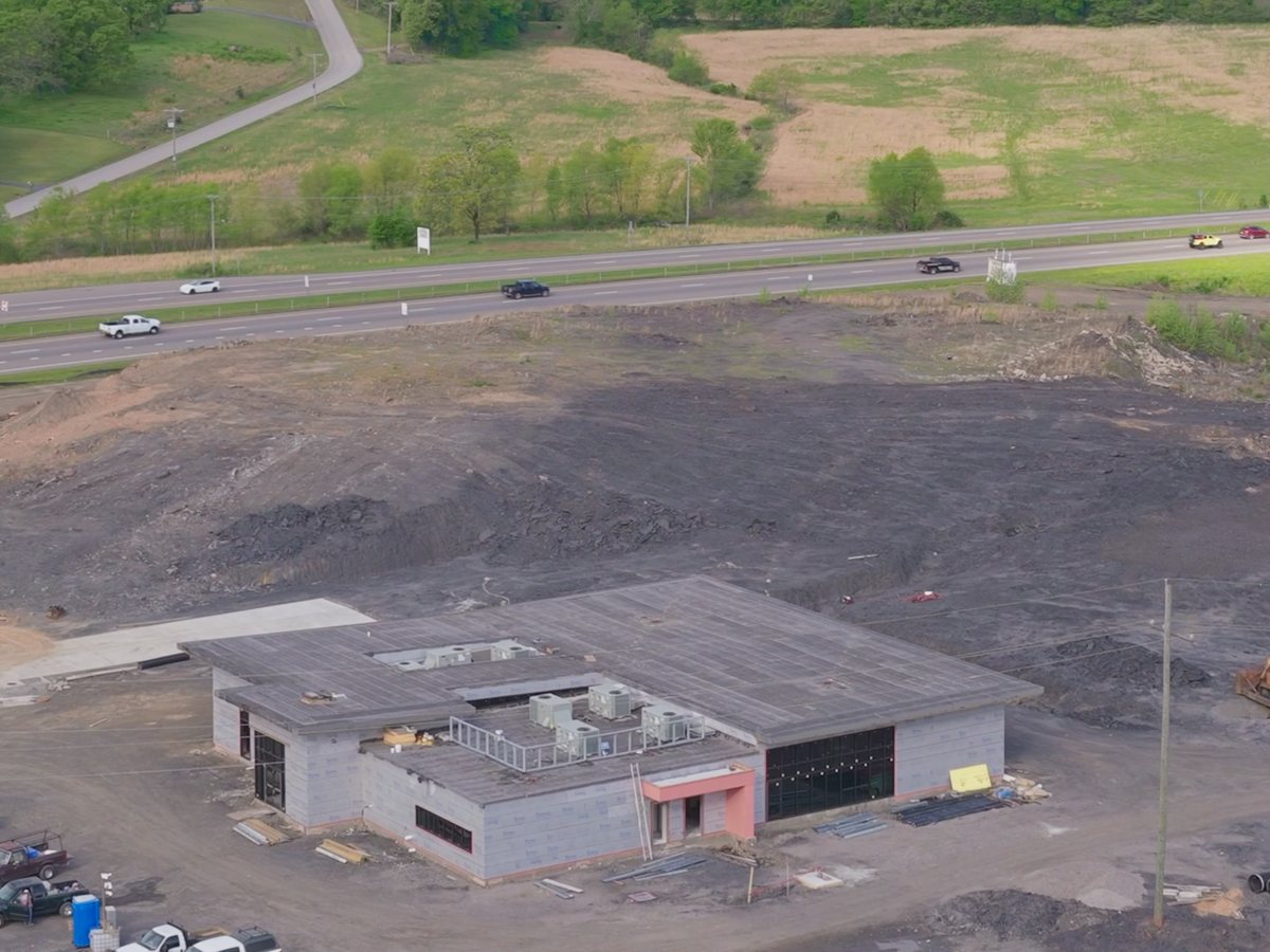 Sebastian County Library under construction in Fort Smith, aerial view of the site and the new building